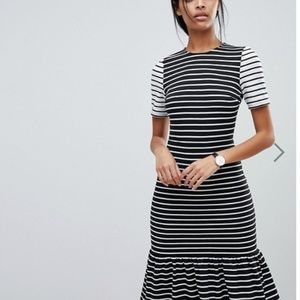 ASOS Midi Dress With Pep Hem in Mono Stripes